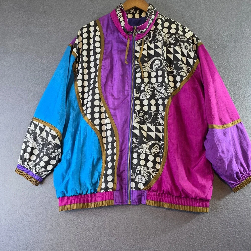 Lady Lavon 1X Vtg 90s Colorblock Windbreaker Jacket Purple Pink Blue Polka Dot